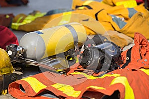 fireman oxygen mask and air tank with equipment prepare for operation
