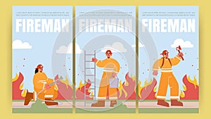 Fireman poster with fire brigade with extinguisher