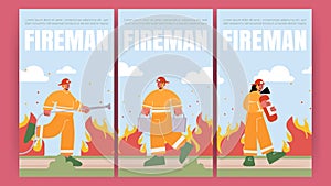 Fireman poster with fire brigade with water hose