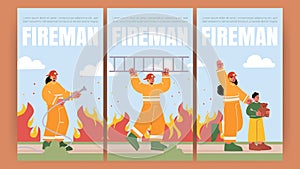 Fireman poster with fire brigade with water hose