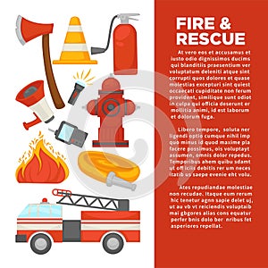 Fireman profession and fire secure protection poster of fire extinguishing equipment tools.