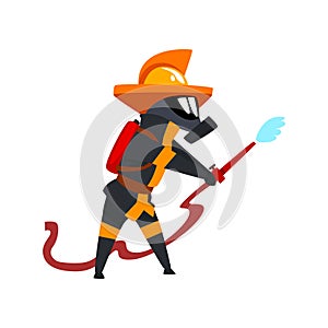 Fireman in a protective mask spraying water, firefighter character in uniform and mask at work vector Illustration on a