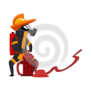 Fireman in a protective mask spraying water using hydrant, firefighter character in uniform vector Illustration on a
