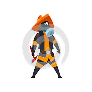 Fireman in a protective mask standing with axe, firefighter character in uniform vector Illustration on a white