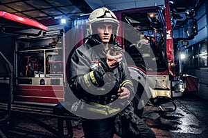 Fireman in a protective uniform standing next to a fire truck and talking on the radio. The fire brigade arrived at the