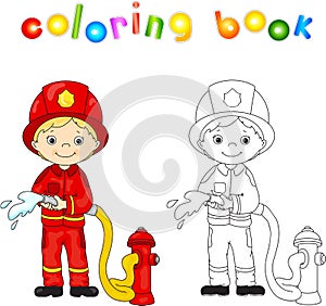 Fireman in a red uniform and helmet with a hose in his hand. Col