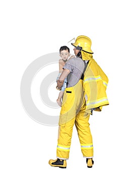 Fireman rescued child from the fire.