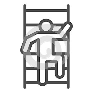 Fireman scaling ladder line icon. Man on the stairs fire escape outline style pictogram on white background. Pompier photo