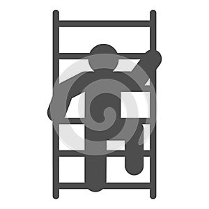 Fireman scaling ladder solid icon. Man on the stairs fire escape glyph style pictogram on white background. Pompier