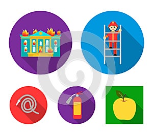 Fireman on the stairs, burning building, fire extinguisher, hose. Fire department set collection icons in flat style