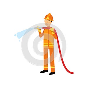 Fireman in uniform and protective helmet, holding hose extinguishing fire with water