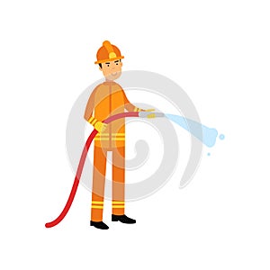 Fireman in uniform and protective helmet, holding hose extinguishing fire with water