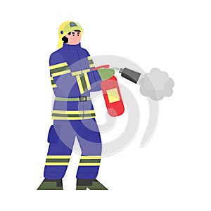 Fireman using fire extinguisher, flat cartoon vector illustration isolated