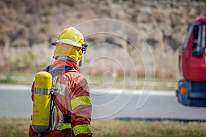 Fireman walk to fire truck