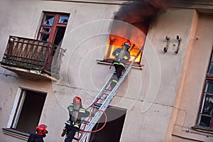 Firemans team during firefighting