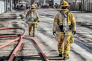 Firemen in action during a training exercise at a fire station