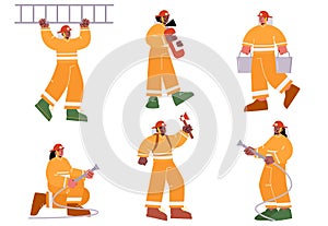 Firemen brigade with extinguisher, hose, ladder