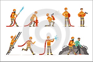 Firemen characters doing their job and saving people set. Firefighter in different situations cartoon vector