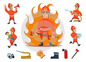 Firemen and equipments. Fireman profession working. Cartoon tools, children and fire, hose and hydrant isolated vector