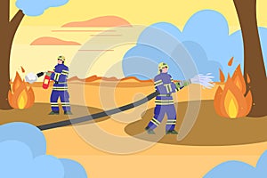 Firemen fighting fire in wildland forest, flat cartoon vector illustration