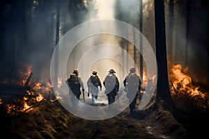 Firemen or firefighters extinguishing a wildfire