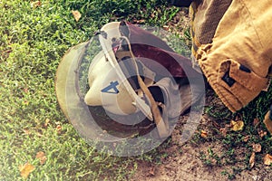 Firemen rescue helmets on the sunny day