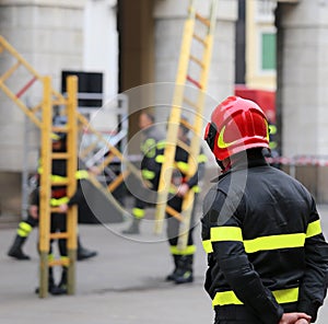 Firemen during rescue operations with a wooden ladder