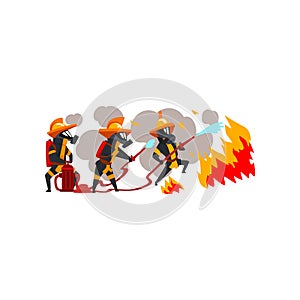 Firemen spraying water on fire, firefighter characters in uniform and mask at work vector Illustration on a white