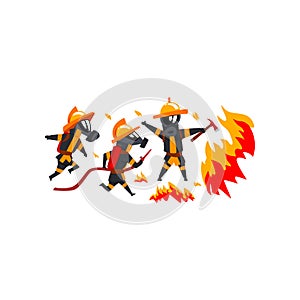 Firemen spraying water on fire, firefighter characters in uniform vector Illustration on a white background