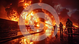 Firemen Standing in Front of Huge Fire