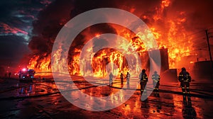 Firemen Standing in Front of Huge Fire