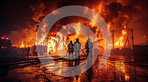 Firemen Standing in Front of Huge Fire
