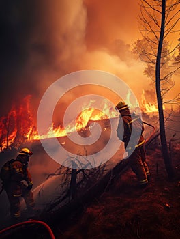 Firemen trying to put out the terrible fire in the forest. Uniformed firefighters struggling with wildfire. Generative AI