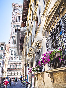 Flowers in a windows in front of Santa Maria del Fiore cathedral