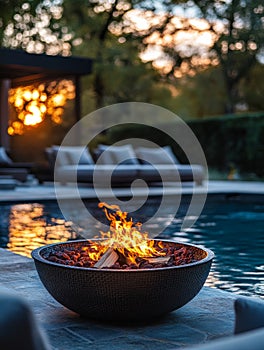 Firepit by a poolside at sunset with lounge chairs.