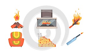 Fireplace Accessories Collection, Home Fireplace with Burning Flame, Lighter, Matches, Armchair Cartoon Vector