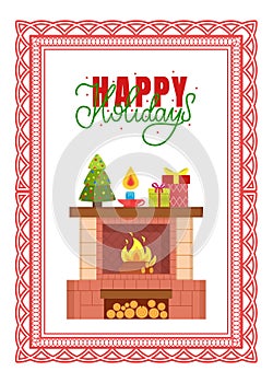 Fireplace with Burning Fire, Decorated Spruce Tree