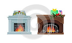 Fireplace with burning fire set. Christmas holiday decor elements vector illustration