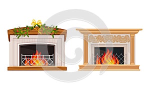 Fireplace with burning fire set. Winter holiday decoration vector illustration