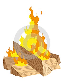 Fireplace campfire type. Burning wood, travel and adventure symbol. Vector bonfire or woodfire in cartoon flat style