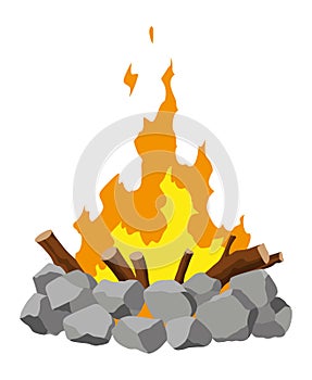 Fireplace campfire type. Burning wood, travel and adventure symbol. Vector bonfire or woodfire in cartoon flat style photo