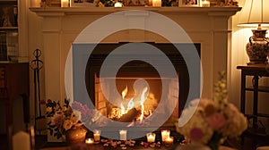 A fireplace with candles and flowers in front of it, AI