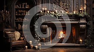 A fireplace with Christmas decorations, candles and gifts.