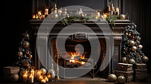 A fireplace with Christmas decorations, candles and gifts.