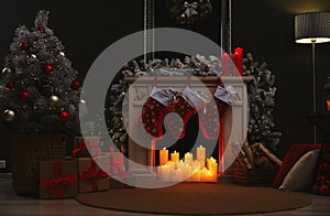 Fireplace with Christmas stockings in room interior