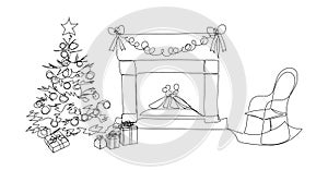 Fireplace, Christmas tree, gifts and rocking chair one line art. Continuous line drawing of new year holidays, christmas