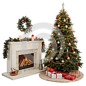 Fireplace and Christmas tree isolated