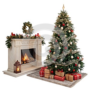 Fireplace and Christmas tree isolated
