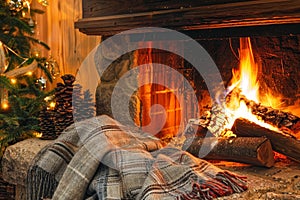 A fireplace crackling with warmth, next to a blanket and Christmas tree, A cozy fireplace crackling with warmth
