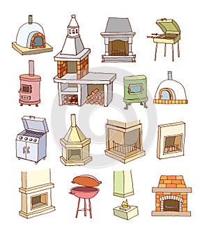 Fireplace doodle set, vector illustration.